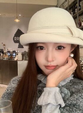 高级感羊毛呢翘边圆顶小礼帽女秋冬季时尚显脸小渔夫帽子女盆帽潮