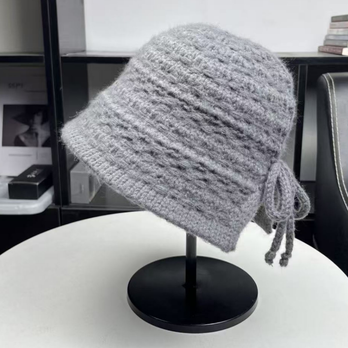 后开叉蝴蝶结显脸小韩国针织渔夫帽盆帽女秋冬甜美保暖护耳水桶帽