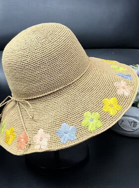 日系大檐出游手工钩针草帽女夏季遮阳帽沙滩帽度假防晒草编渔夫帽
