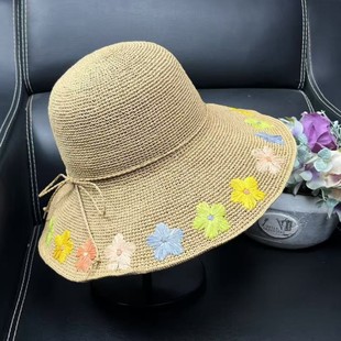 遮阳帽沙滩帽度假防晒草编渔夫帽 日系大檐出游手工钩针草帽女夏季