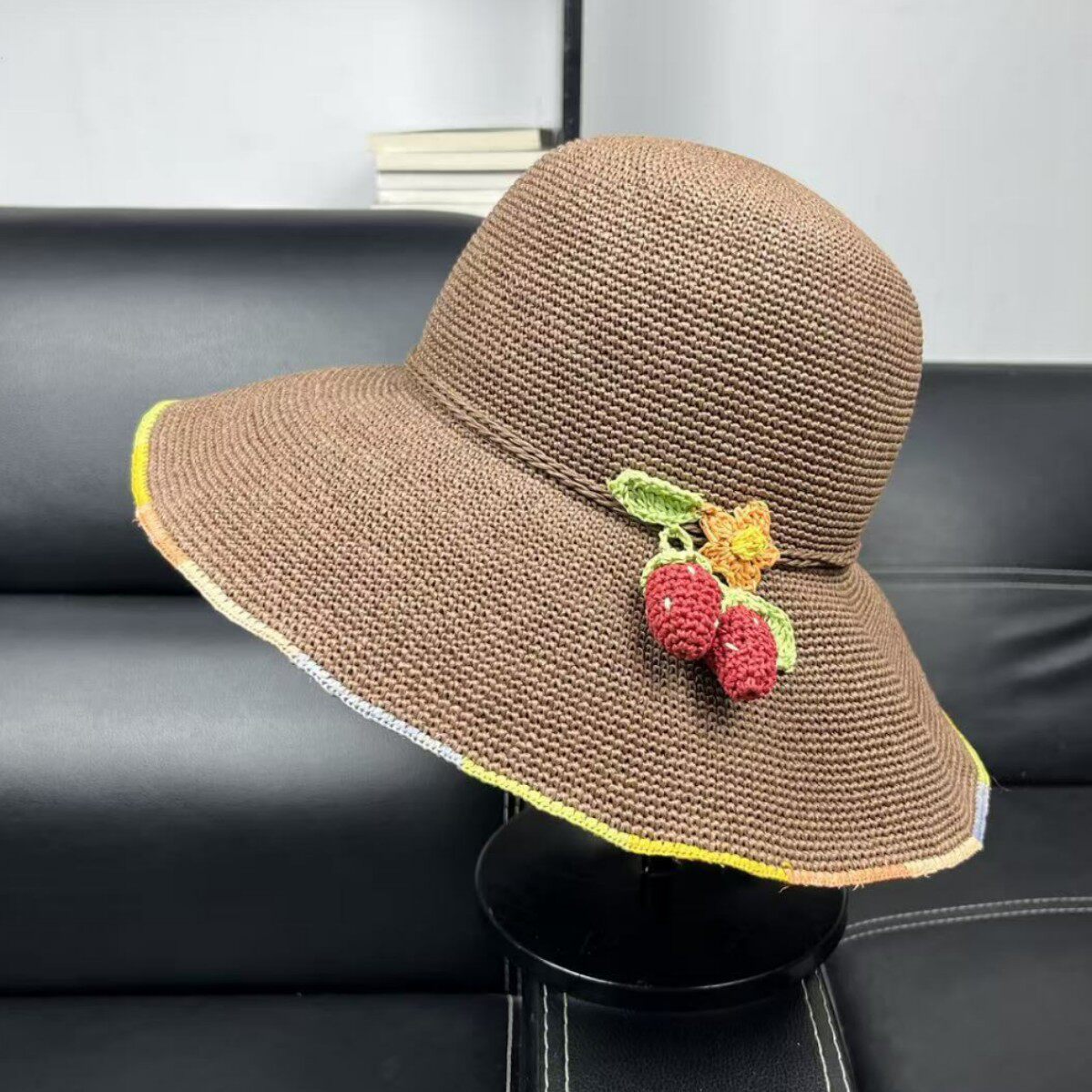 2026爱情草莓首创手工钩针大檐草帽女夏出游防晒甜美太阳帽可折叠
