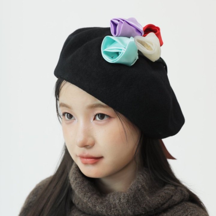 高品质日系摩登玫瑰贝雷帽女澳洲羊毛浪漫蓓蕾帽甜美风优雅可爱帽