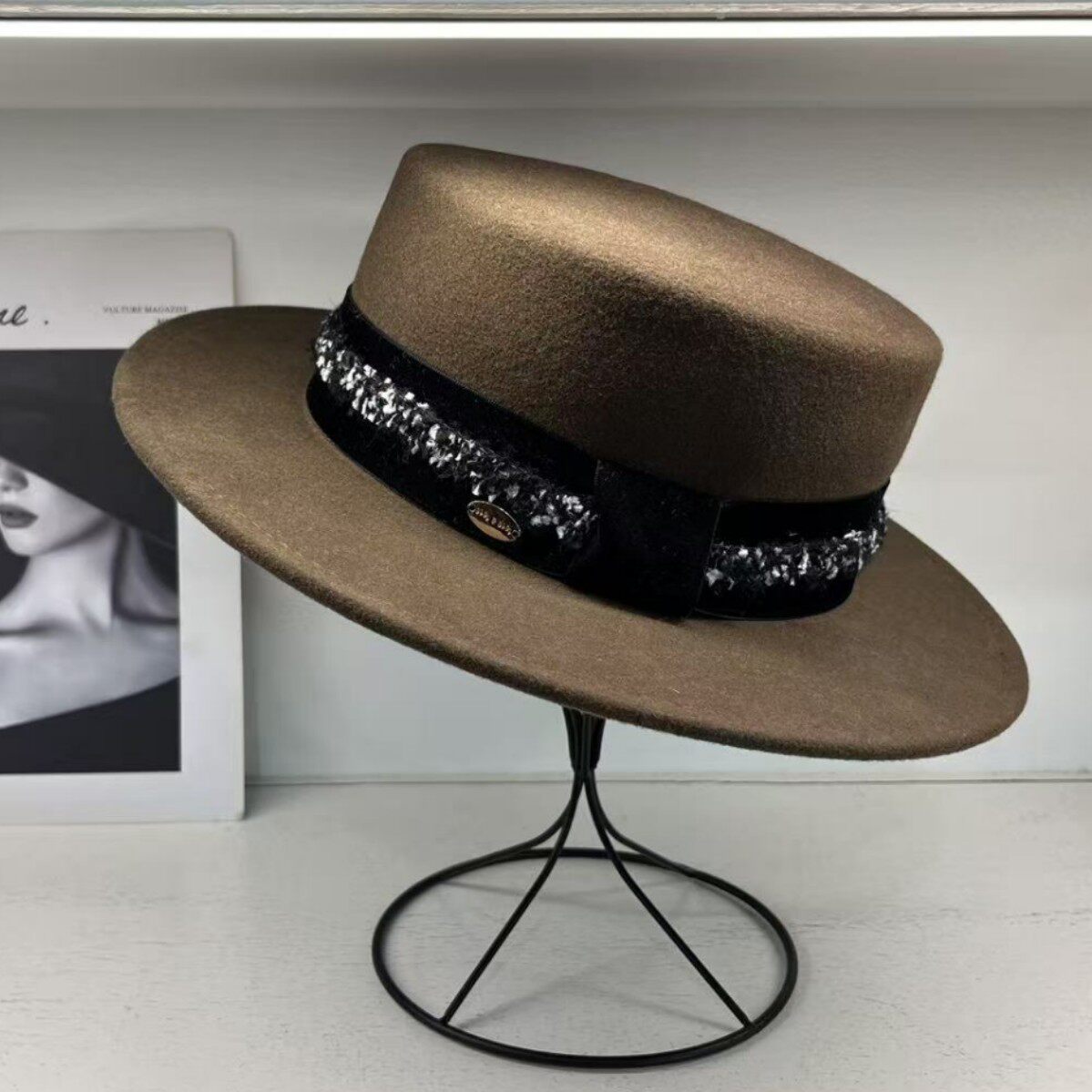 高级感100%羊毛秋冬网红宽檐平顶帽女法式名媛气质小香风洋气礼帽