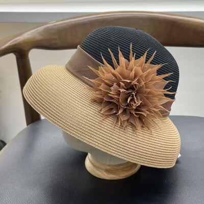 高端轻奢优雅草帽女夏季出游防晒遮阳沙滩大檐渔夫帽圆顶灯罩礼帽