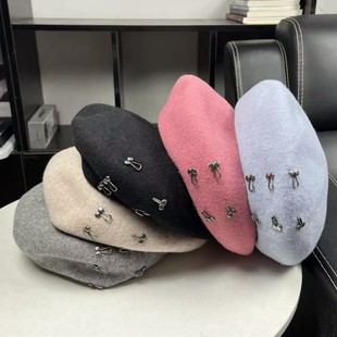 100%澳洲羊毛帽子女日本ca4la 秋冬时尚甜美英伦贝雷帽保暖画家帽