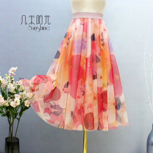 浪漫桃花印花裙网纱裙印花裙A字大摆垂感显瘦半身裙长裙 2026春夏