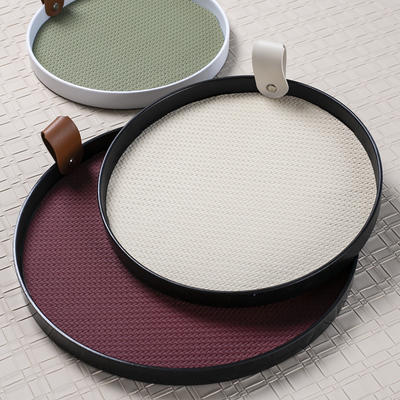 托盘密胺圆盘编织纹皮质收纳盘