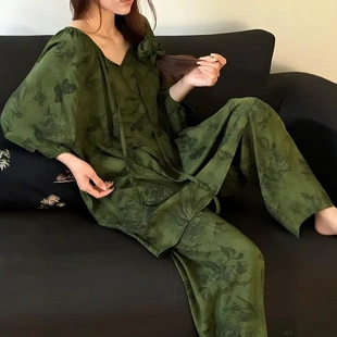 爆款 2024秋季 高端轻奢 家居服 睡衣女高级感宽松大码 长款 新中式