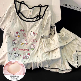 睡衣女夏季 大码 短袖 带胸垫凉感2025新款 HelloKitty家居服 短裤 新款