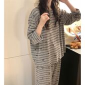 家居服套装 睡衣女春秋薄款 简约休闲条纹蝴蝶结长袖 韩版 2025新款