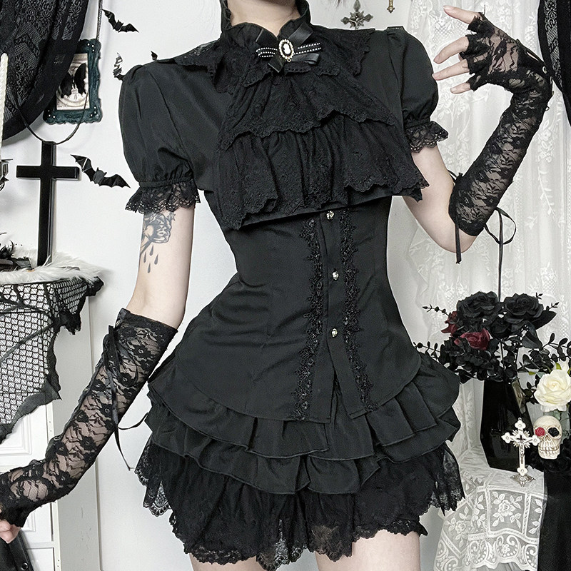 哥特风蕾丝短袖衬衫亚文化蓬蓬裙
