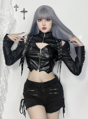 音乐节朋克风铆钉短款PU皮罩衫黑色摇滚打歌服辣妹短外套热辣上衣