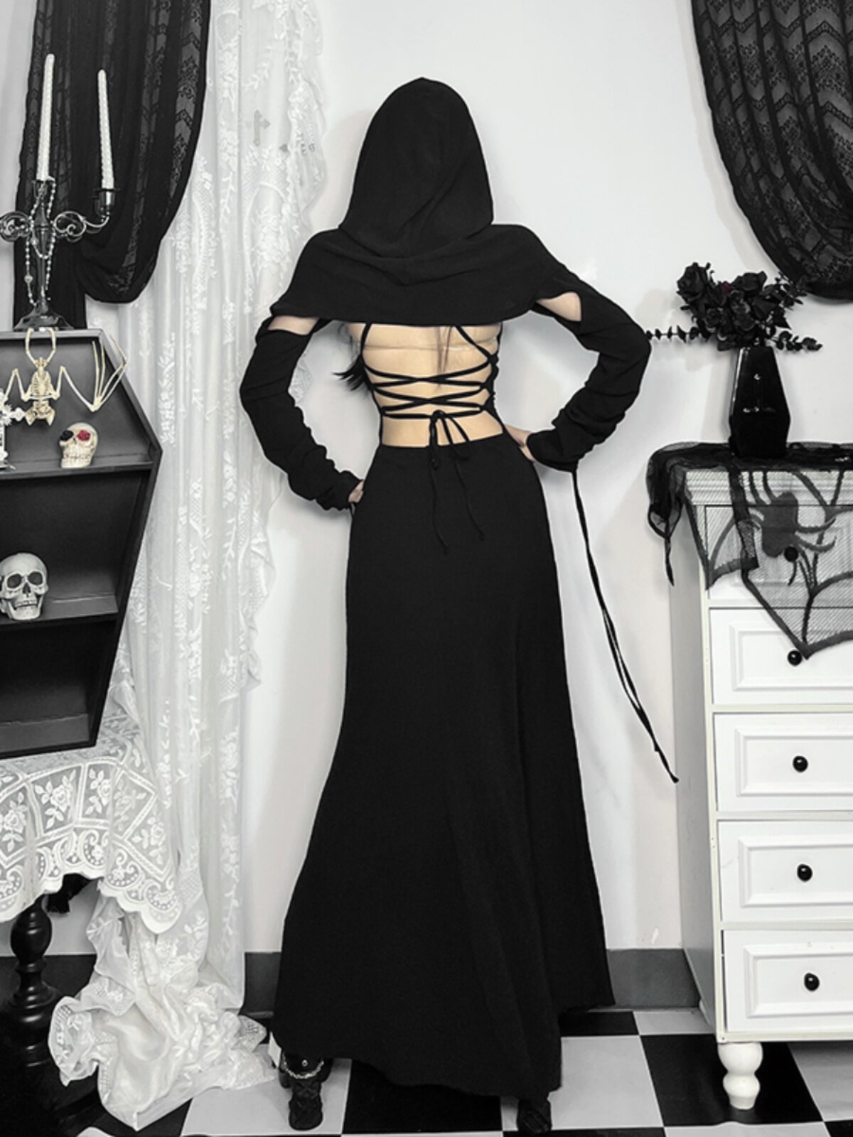 Desert Wanderer Hooded Cape Dress - Chic Black Wasteland Vibe - Product image 3