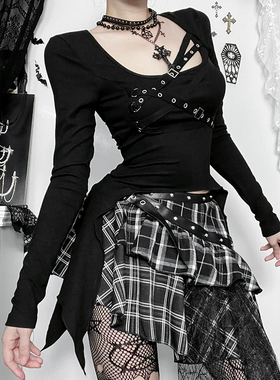 Wannathis亚文化电音节打歌服穿搭亚比y2k黑色辣妹上衣格子短裙子