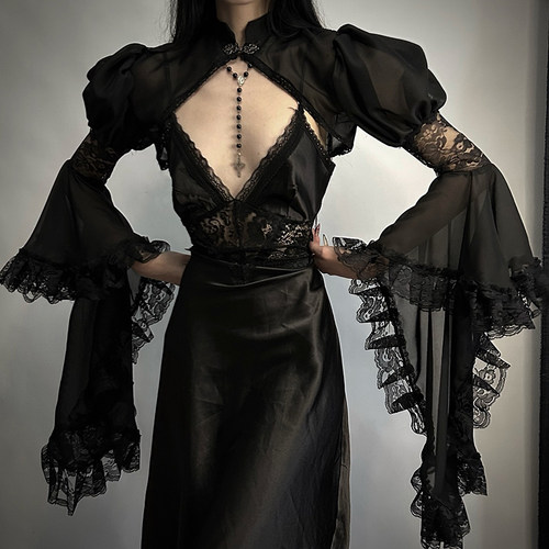 哥特风黑色蕾丝罩衫女巫cos服