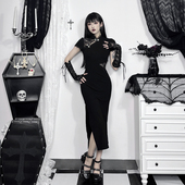 改良旗袍女新中式 wannathis 暗黑风修身 黑色长裙性感蛛网拼接裙子