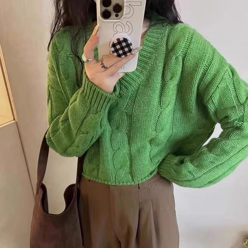 24秋冬款V领针织加厚麻花毛衣100%纯羊毛宽松慵懒女百搭羊绒打底