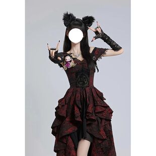 lolita黑红提花波浪连衣裙洛丽塔重工轻奢一字肩气质蓬蓬公主裙女