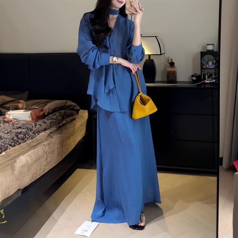 法式气质蓝色长袖衬衫防晒套装女2026年春夏季中长款半身裙两件套