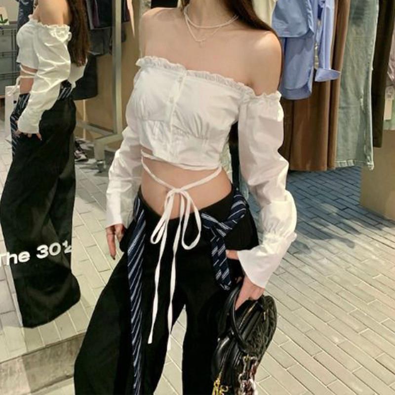 韩系白色一字肩衬衫女装夏季设计感小众露肩衬衣别致绝美短款上衣