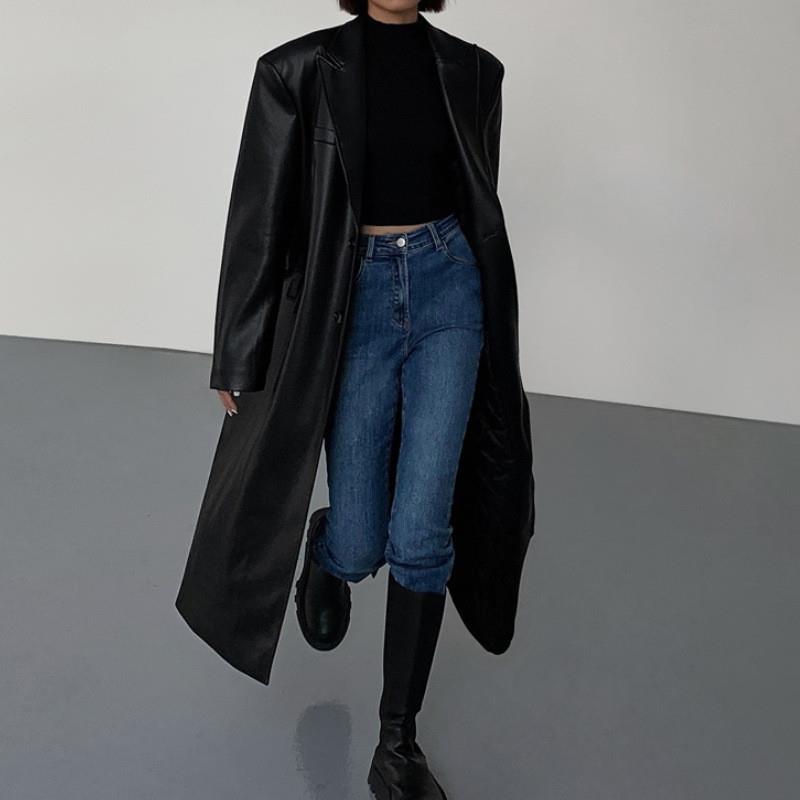 高级感纯色pu皮衣风衣中长款外套女2026春秋新款高个子西装大衣