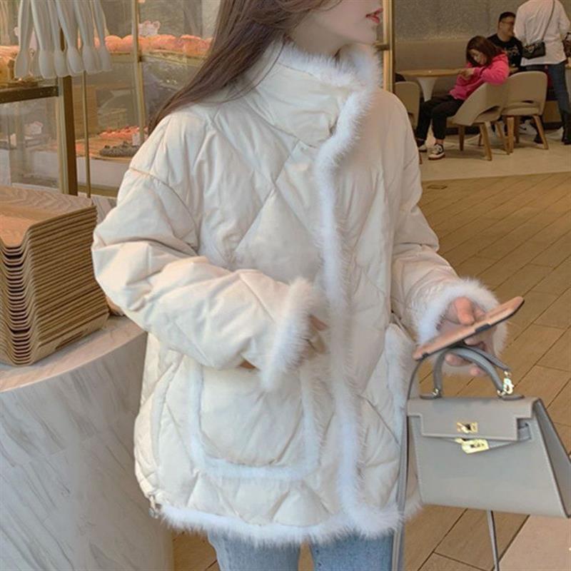 拼接纯色毛边棉服女款2026年秋冬季新款菱格小个子韩版宽松外套潮