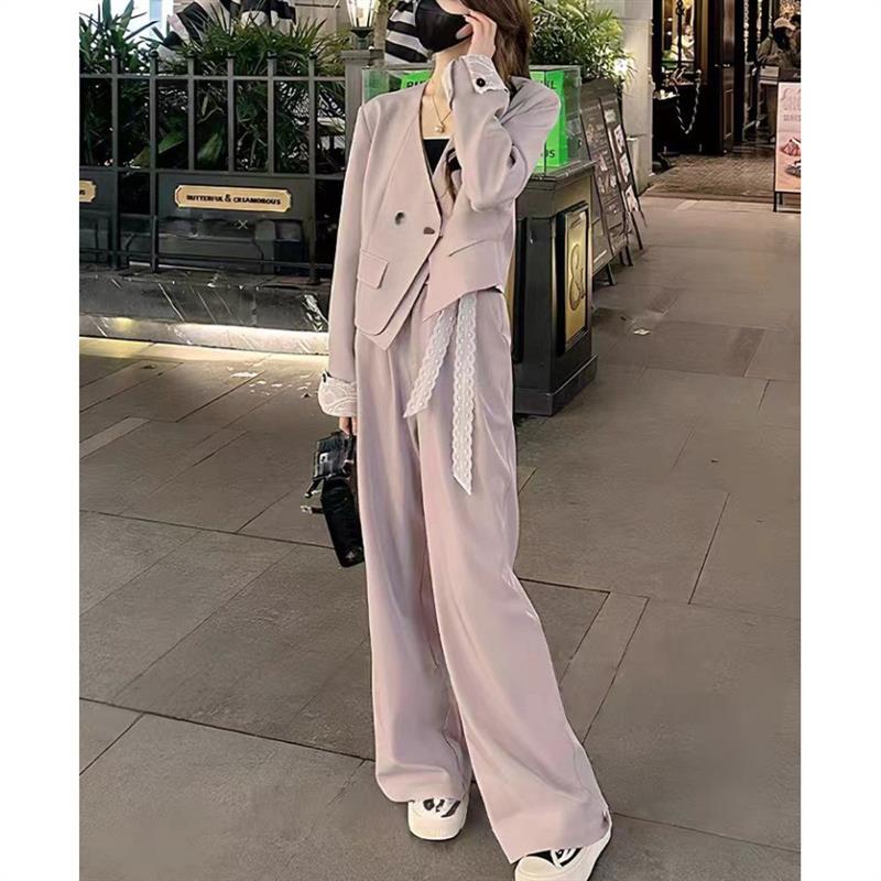 时尚西装套装女士春秋新款纯色拼接小西服高腰长裤韩系穿搭两件套