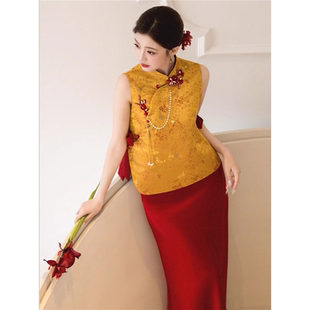 金色新中式敬酒服新娘订婚礼服裙旗袍复古改良高端回门答谢宴便装