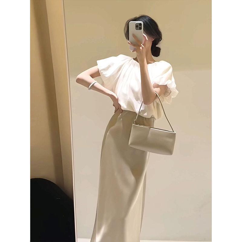 法式白色v领泡泡袖衬衫+香槟色长裙女2026年夏季新款韩系气质套装