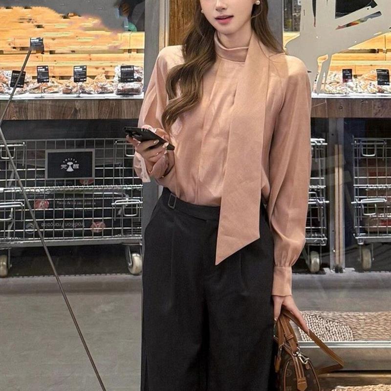 法式温柔风粉色飘带长袖衬衫女秋轻奢高级感衬衣修身显瘦气质上衣