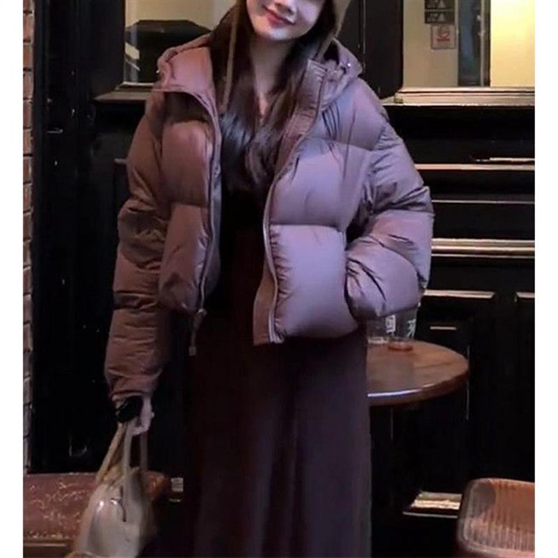 2026冬季时尚百搭紫色连帽短款面包服外套女加绒加厚棉服棉衣外套