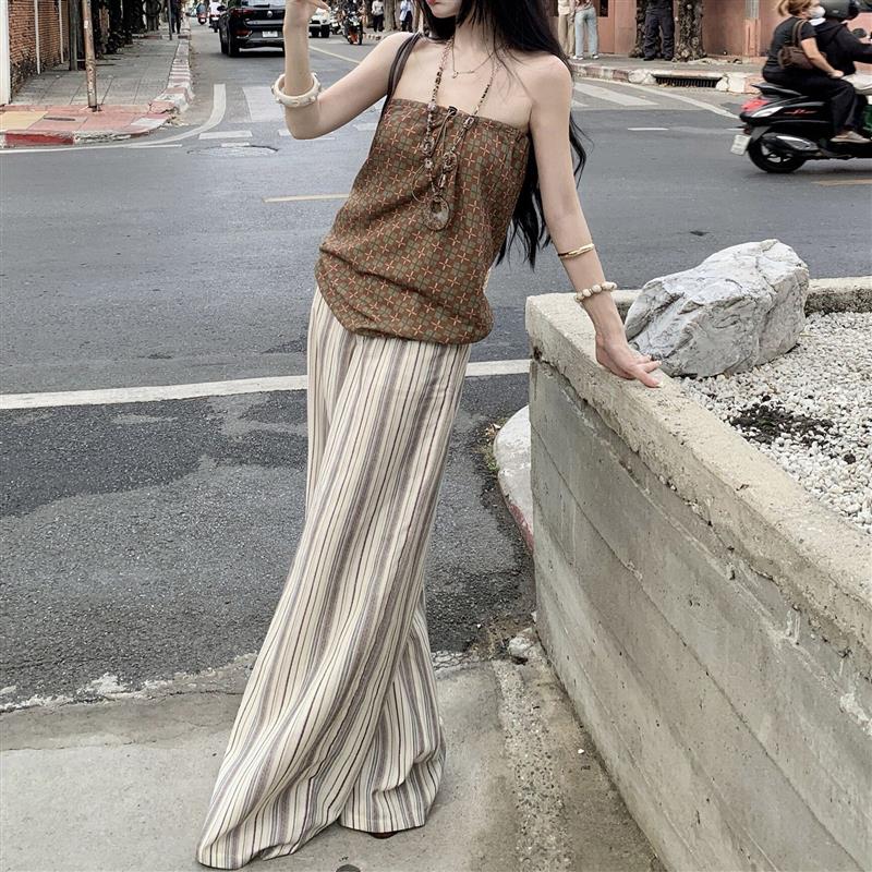 海岛松弛感度假时尚套装印花抹胸上衣条纹宽松直筒阔腿休闲裤女