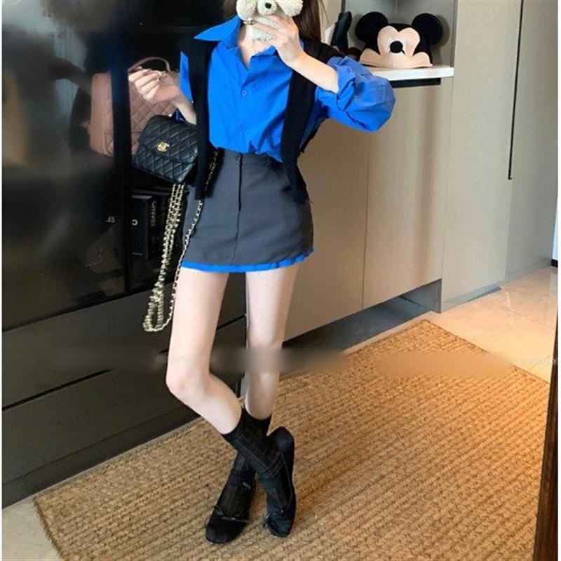 蓝色polo领长袖衬衫披肩上衣女秋季时尚套装高腰包臀半身裙两件套