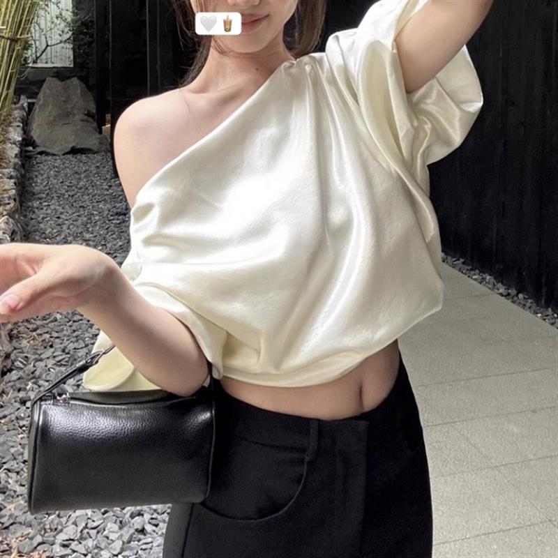 韩系新款高级感2026斜肩泡泡袖衬衫女装夏季法式宽松短款露肩上衣