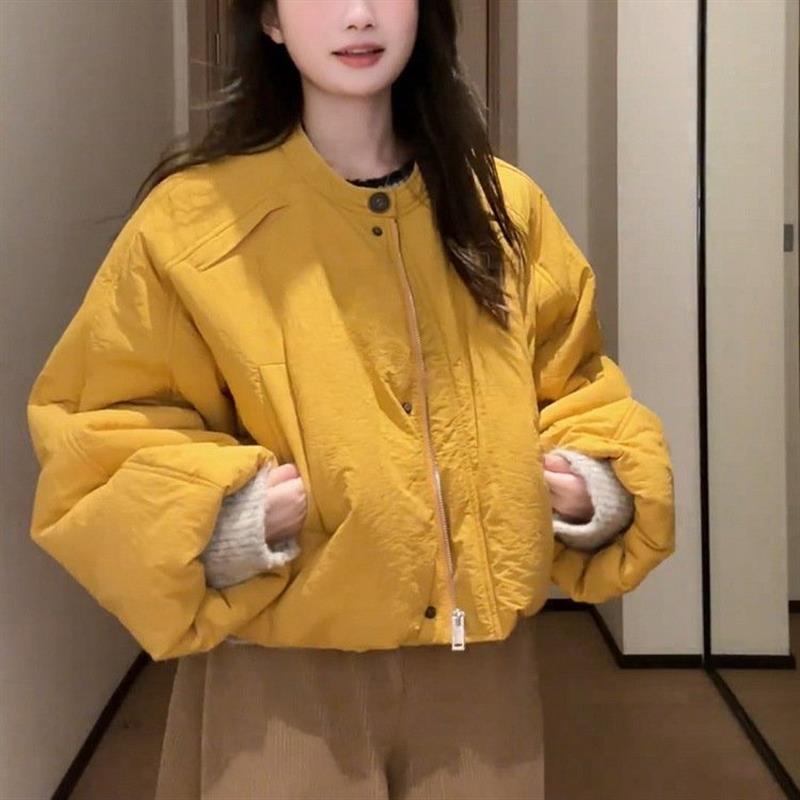韩系圆领花苞袖短款棉服女冬季百搭宽松保暖小个子夹棉外套小棉袄