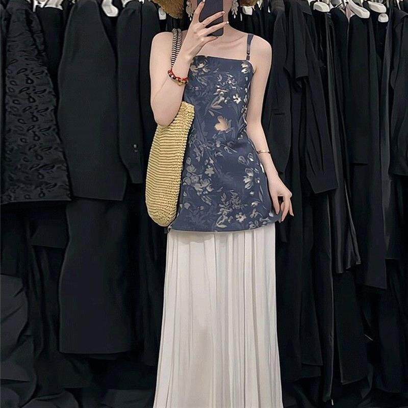 法式复古镂空提花吊带背心女2026夏季新款辣妹一字肩抹胸无袖上衣