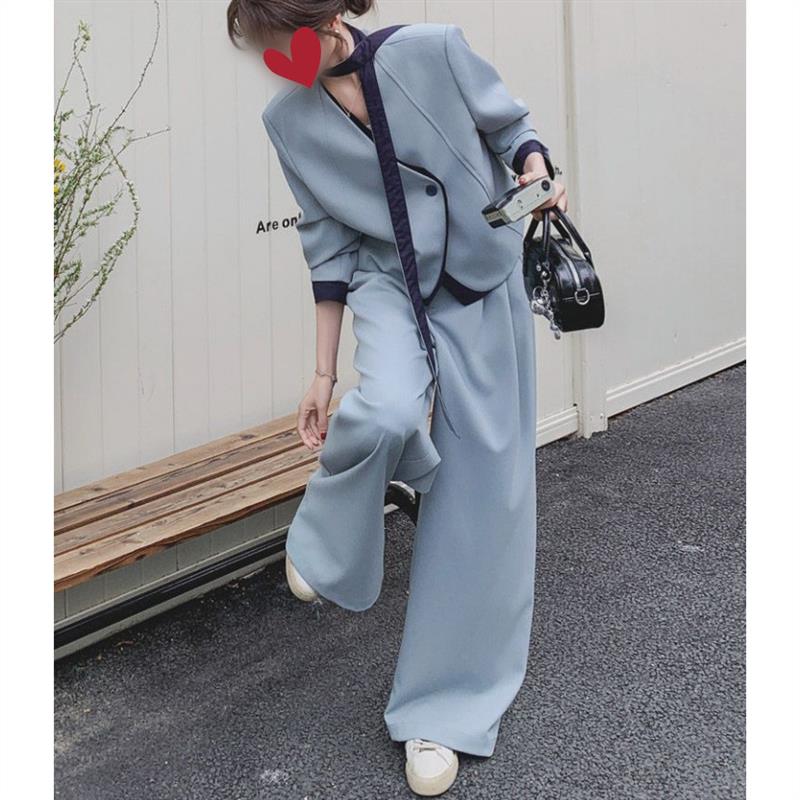 蓝色撞色拼接西装套装女春季2026新款小个子流行通勤阔腿裤两件套