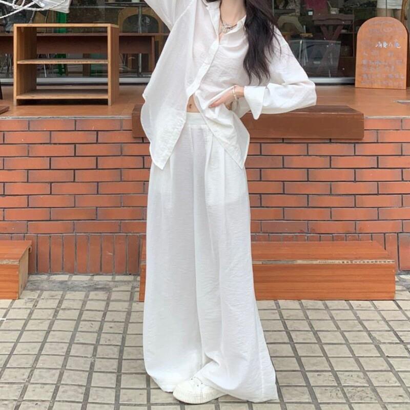 休闲套装中长款气质衬衫女装2026夏季新款高腰阔腿裤拖地裤两件套