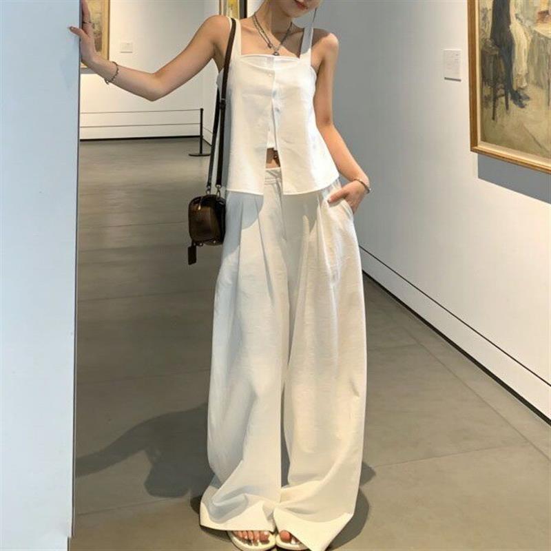 复古风假两件设计背心上衣阔腿裤套装女夏季气质老钱上衣显瘦裤子
