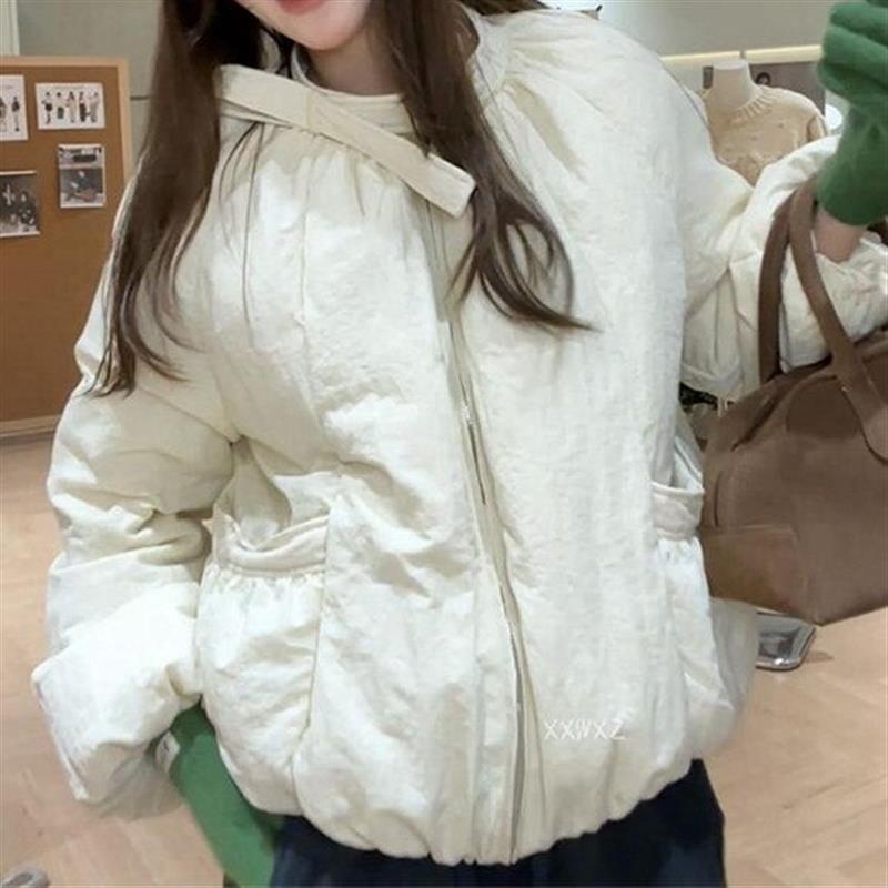 白色短款棉服女秋冬季小个子加厚棉袄圆领系带休闲保暖面包服外套
