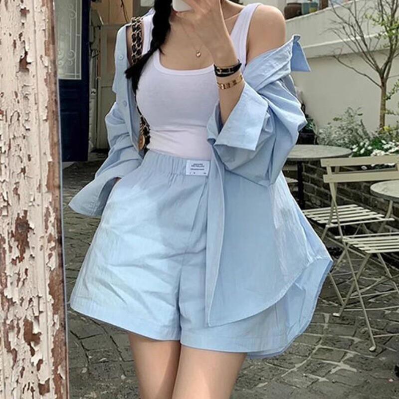 韩系风夏季甜美减龄宽松上衣百搭系带长袖衬衫高腰阔腿裤短裤套装