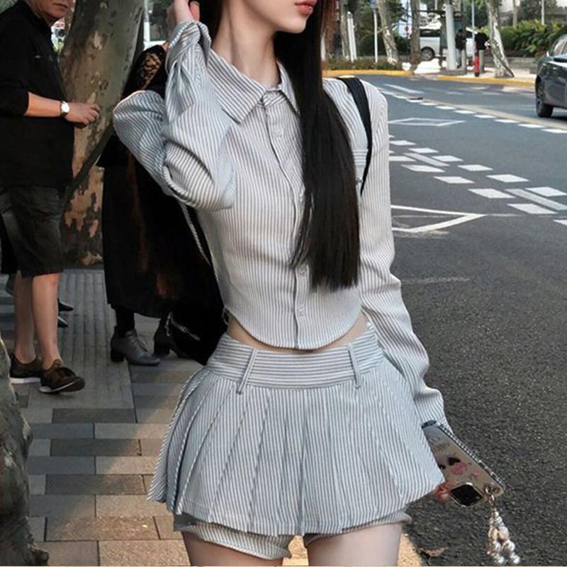 美式学院风条纹长袖衬衫上衣女2026春秋辣妹高腰百褶裙裤两件套