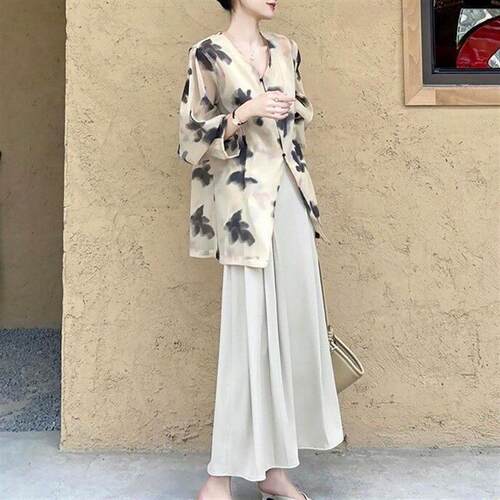 新中式国风清冷感绝美水墨印花上衣半身裙两件套装女春秋季高级感