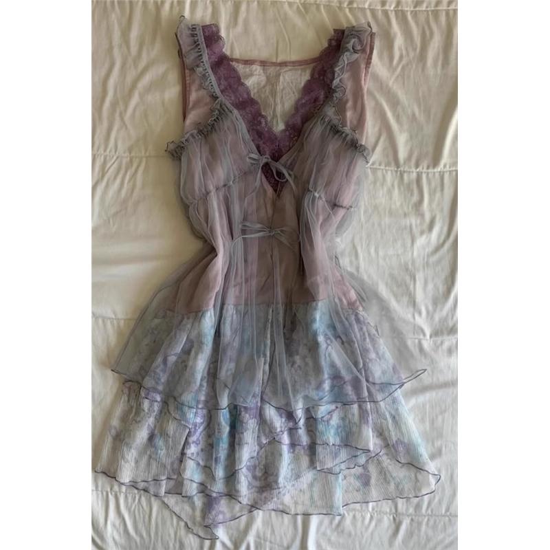 网纱吊带两件套碎花背心连衣裙女2025夏季新款vintage古着穿搭女