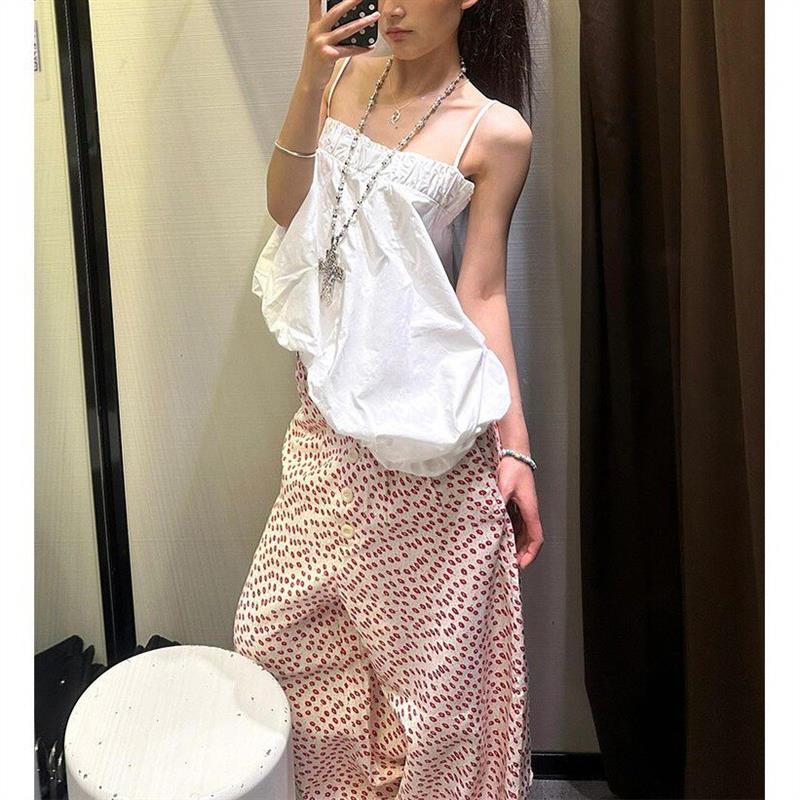 韩系套装女白色褶皱裹胸吊带背心女辣妹不规则花苞露背上衣+长裤