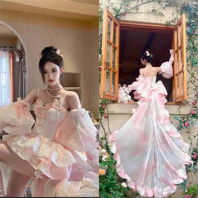 2025夏季新款粉色礼服在逃公主风拖尾套装裙热晚礼服蓬蓬裙少女裙