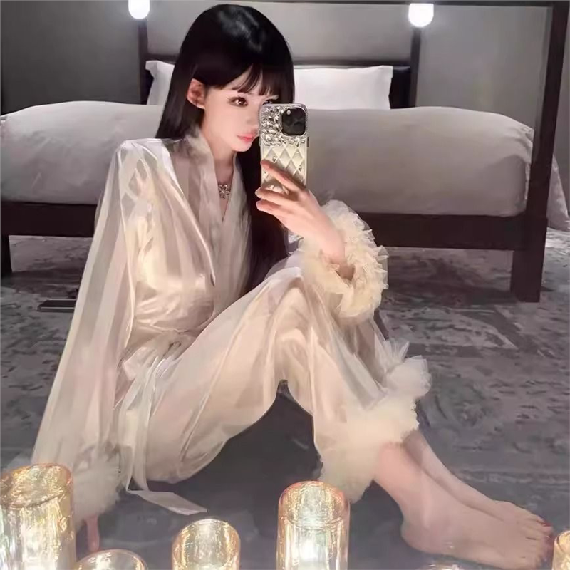 冰丝睡衣女款春秋2025新款长袖气质高级感条纹丝绸缎面夏天家居服