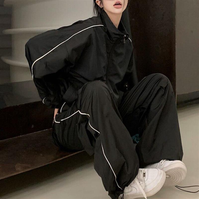 黑色运动服套装女2026秋季潮流美式休闲宽松显瘦外套阔脚裤两件套