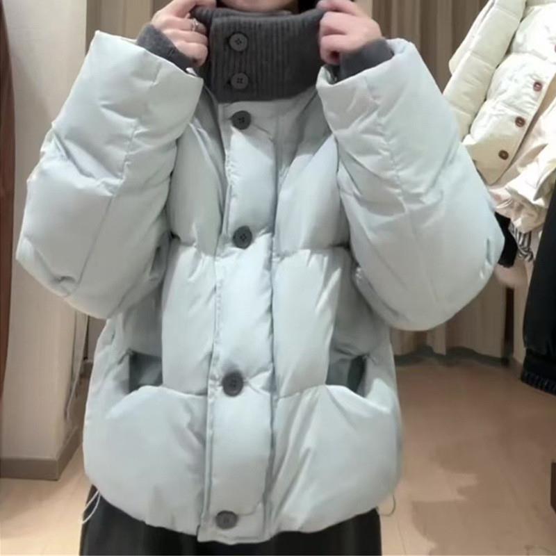 韩版撞色设计感针织拼接立领棉服外套女冬季加厚保暖小个子面包服