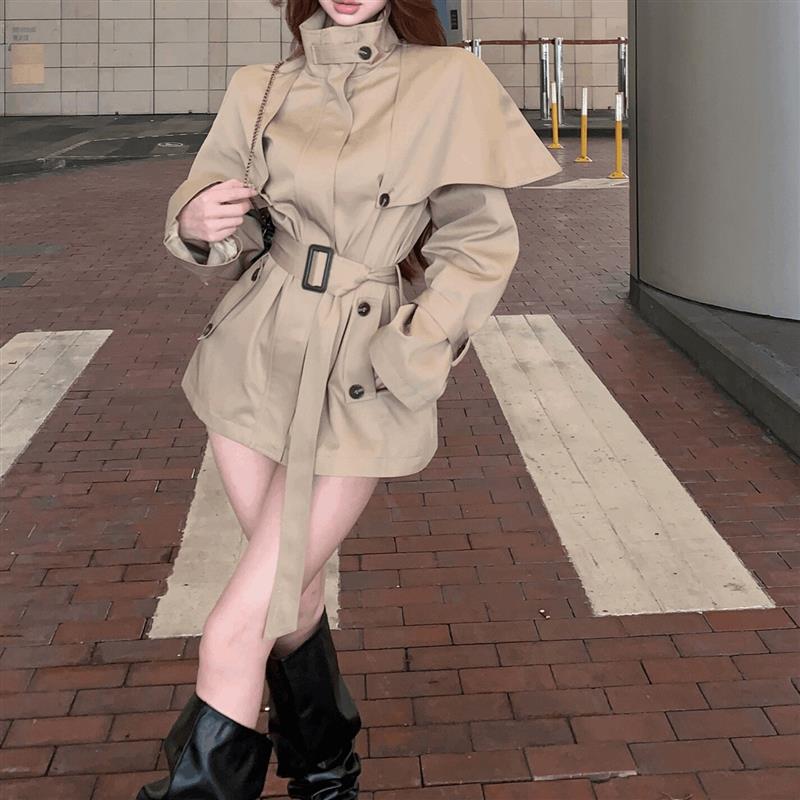 高领风衣外套女2026年秋季新款双排扣收腰修身气质中长款开衫上衣